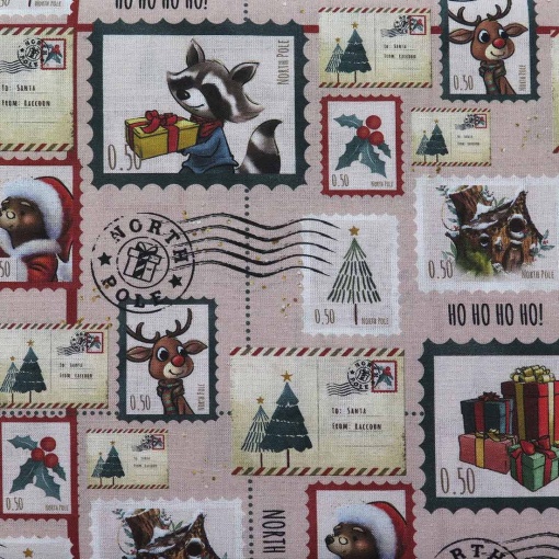 Tecido Natal Selos com Animais Bege/Multicor 1x1,50m