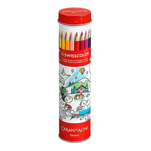 Lápis de Cor Aguarelável Caran D'ache Swisscolor 18 Cores + Poster + Tubo Metálico