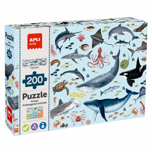 Puzzle APLI Kids 200 peças Brilha no Escuro Animais Marinhos em Vias de Extinção