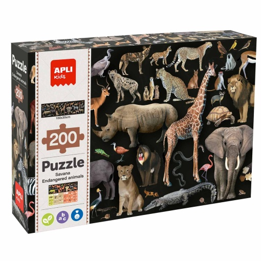 Puzzle APLI Kids 200 peças brilha no escuro animais selvagens em vias de extinção