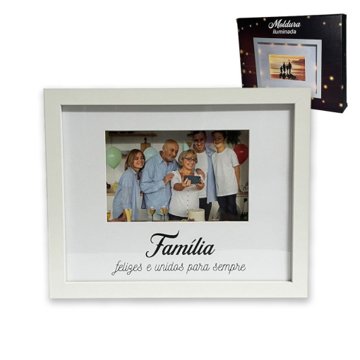 Moldura iluminada "Família felizes e unidos para sempre"