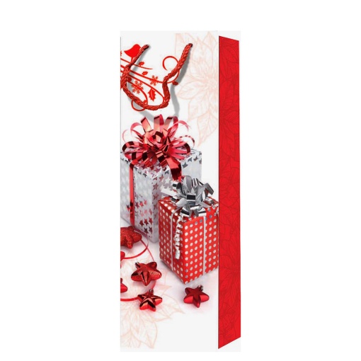 Saco de Papel Asa Cordão para 1 Garrafa LUX 210g Presentes Vermelho/Branco 12x9x36cm