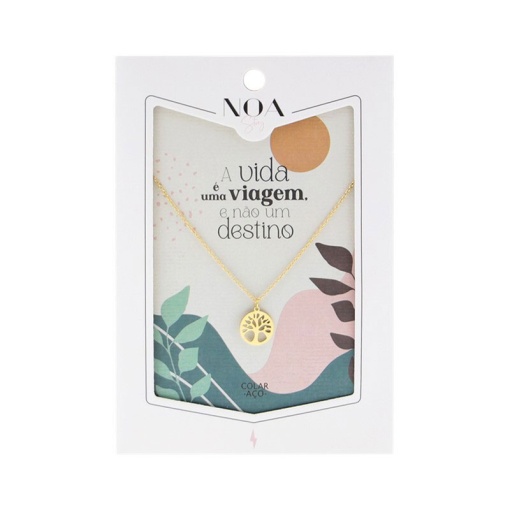 Colar de aço dourado NOA Story árvore da vida "A vida é uma viagem"