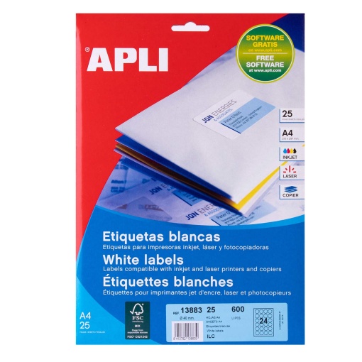 Etiquetas A4 40mm branco 25 folhas APLI - 600 unidades