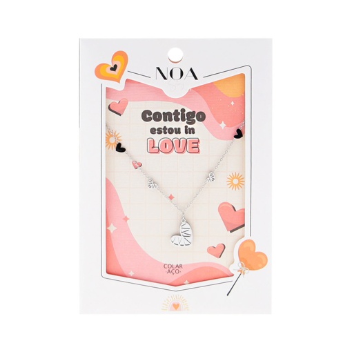 Colar Aço Prateado NOA Story Coração "Contigo estou in love"