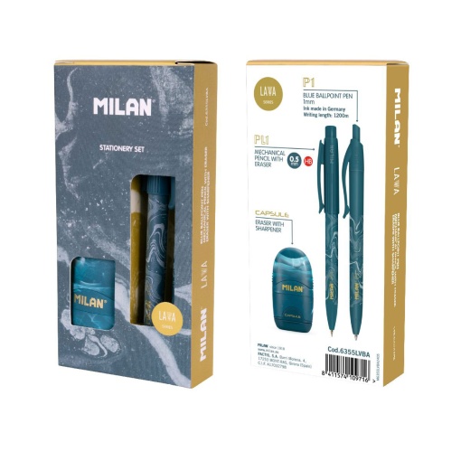 Conjunto Esferográfica + Lapiseira 0,5mm + Afia com Borracha MILAN Lava Azul