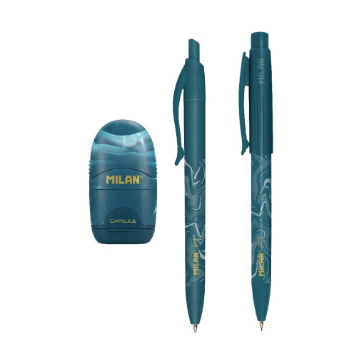 Ballpoint pen + mechanical pencil set (0.5mm) + sharpener with eraser, MILAN Lava blue