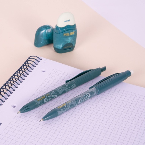 Ballpoint pen + mechanical pencil set (0.5mm) + sharpener with eraser, MILAN Lava blue