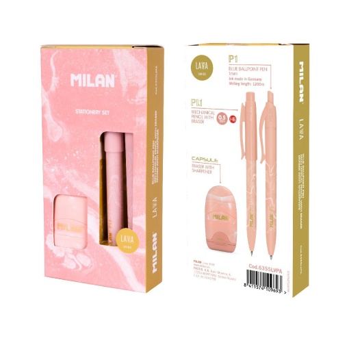 Conjunto Esferográfica + Lapiseira 0,5mm + Afia com Borracha MILAN Lava Rosa