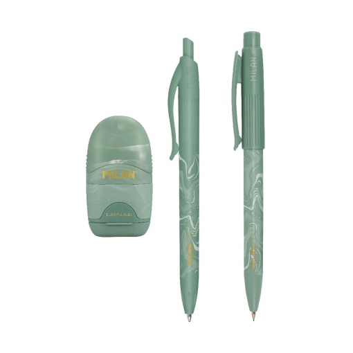 Ballpoint pen + mechanical pencil set (0.5mm) + sharpener with eraser, MILAN Lava green
