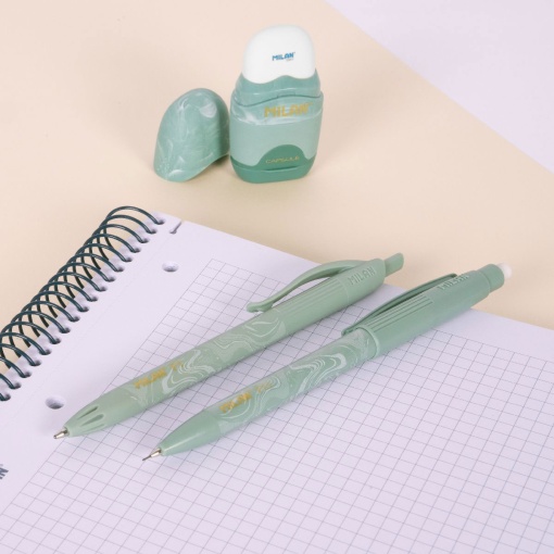 Ballpoint pen + mechanical pencil set (0.5mm) + sharpener with eraser, MILAN Lava green
