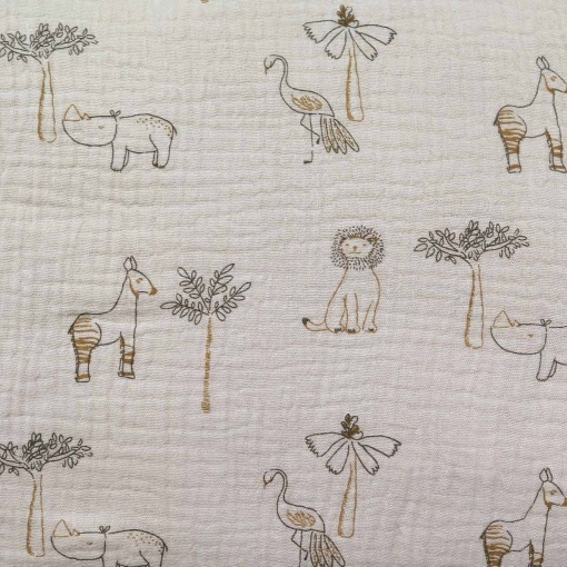 Tecido Mousseline Animais da Selva Branco/Multicor 1x1,30m
