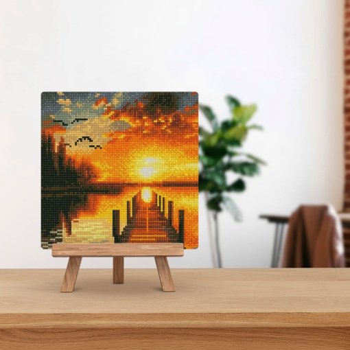 Pintar com diamantes FIGURED'ART com moldura 25x25cm pôr do sol dourado no lago