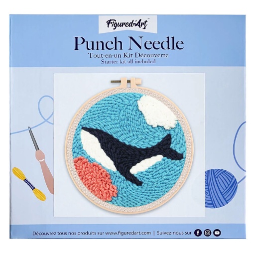 Kit Punch Needle FIGURED'ART com moldura circular 20cm orca no mar