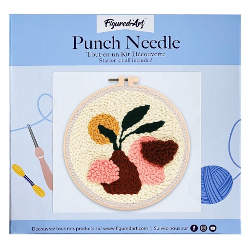 Kit Punch Needle FIGURED'ART com moldura circular 20cm planta em vaso castanho