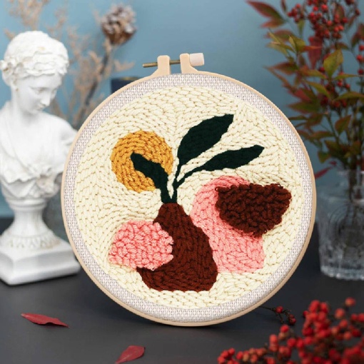 Kit Punch Needle FIGURED'ART com moldura circular 20cm planta em vaso castanho