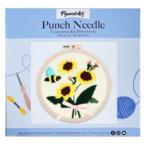 Kit Punch Needle FIGURED'ART com moldura circular 20cm uma abelha e girassóis