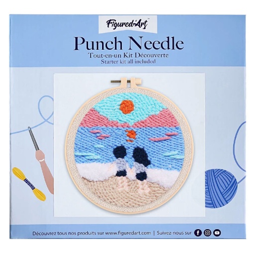 Kit Punch Needle FIGURED'ART com moldura circular 20cm casal na praia