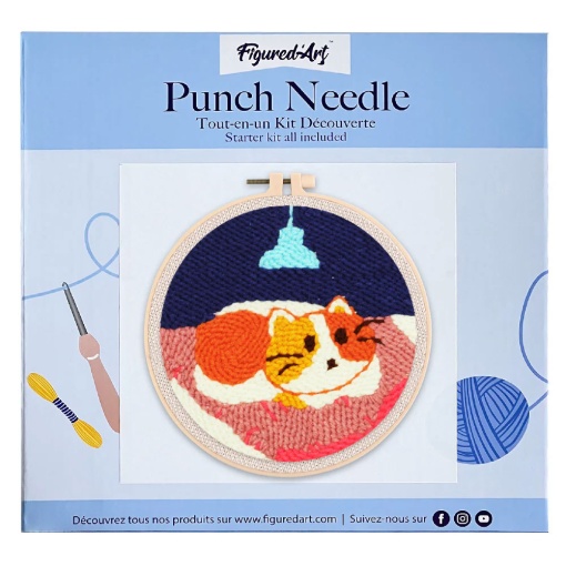 Kit Punch Needle FIGURED'ART com moldura circular 20cm gato na sua cama