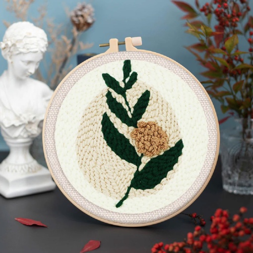 Kit Punch Needle FIGURED'ART com moldura circular 20cm ramos floridos