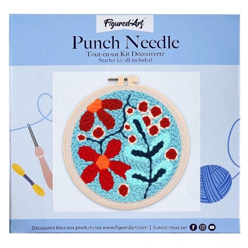 Kit Punch Needle FIGURED'ART com moldura circular 20cm explosão de flores vermelhas