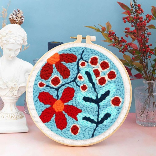 Kit Punch Needle FIGURED'ART com moldura circular 20cm explosão de flores vermelhas
