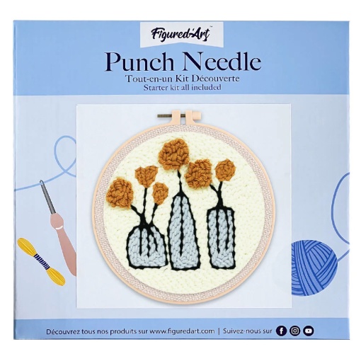 Kit Punch Needle FIGURED'ART com moldura circular 20cm flores em vasos