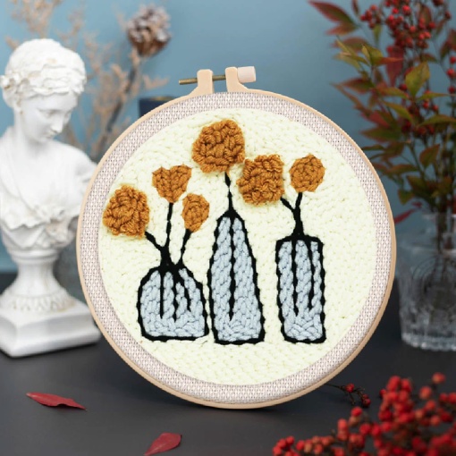 Kit Punch Needle FIGURED'ART com moldura circular 20cm flores em vasos