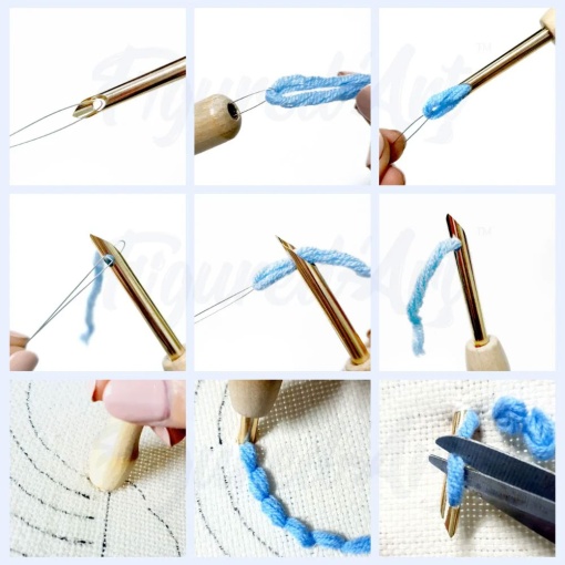 Kit Punch Needle FIGURED'ART com moldura circular 20cm farol e noite estrelada