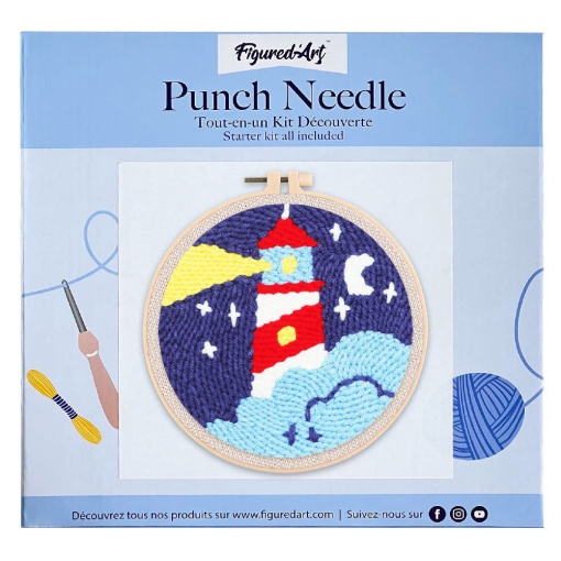 Kit Punch Needle FIGURED'ART com moldura circular 20cm farol e noite estrelada