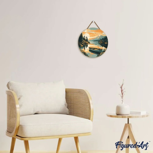 Pintar por números FIGURED'ART sobre disco de madeira 30cm lago de montanha e canoa