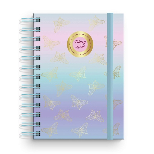 Agenda escolar diária A6 2025/26 12 meses espiral AMBAR Moonflower Teen Gold Wings