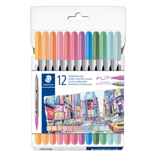 Marcador STAEDTLER 3200 2 pontas 12 cores pastel