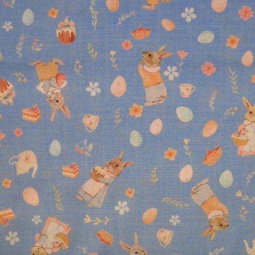 Tecido Páscoa Coelhinhos e Ovos Azul/Multicor 1x1,50m