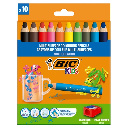 Lápis de Cor Aguarelável Multi Superfícies 10 Cores + Afia BIC Kids