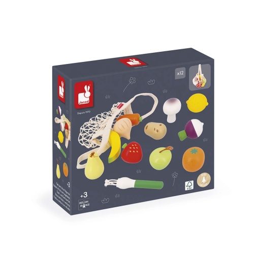 Conjunto 12 Frutas e Legumes em Madeira com Saco de Rede JANOD