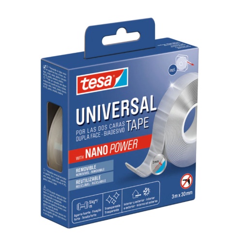 Fita Bi-adesiva 3mx30mm Removível Uso Exterior/interior TESA Universal Nano Power Incolor 55810