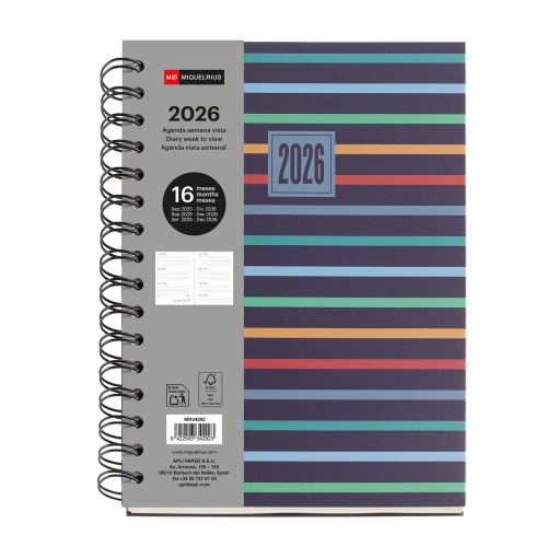 Agenda escolar semanal A5 2025/26 16 meses espiral MIQUELRIUS Plus Stripes