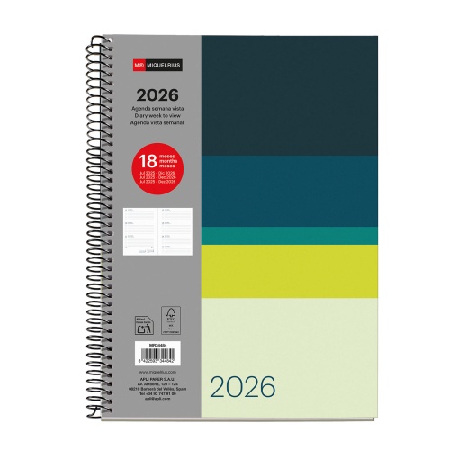 Agenda escolar semanal A5 2025/26 18 meses espiral MIQUELRIUS Plus Horizon