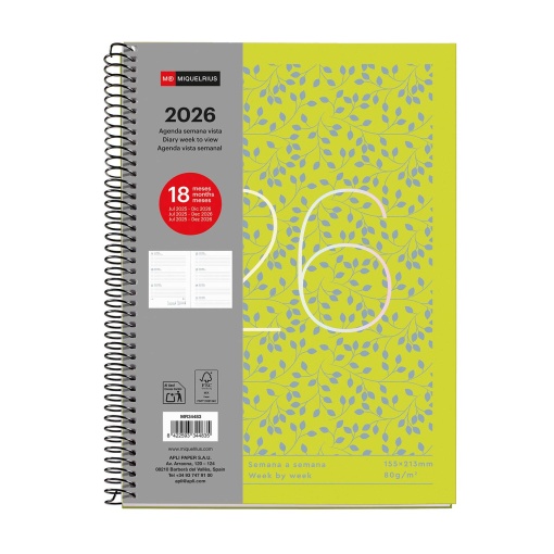 Agenda escolar semanal A5 2025/26 18 meses espiral MIQUELRIUS Plus Hojas