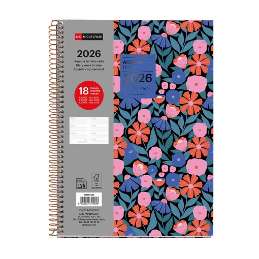 Agenda escolar semanal A5 2025/26 18 meses espiral MIQUELRIUS Plus Dark Flora