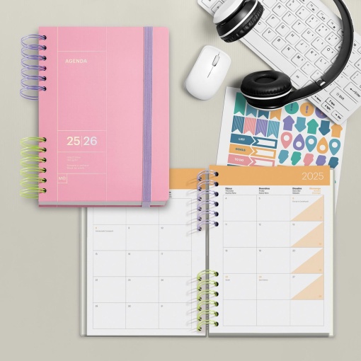 Agenda escolar semanal A5 2025/26 12 meses espiral MIQUELRIUS Back to Basics Plus rosa