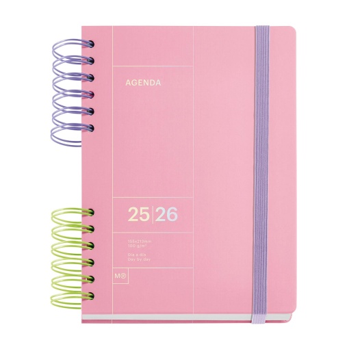 Agenda escolar diária A5 2025/26 12 meses espiral MIQUELRIUS Back to Basics Plus rosa