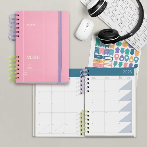Agenda escolar diária A5 2025/26 12 meses espiral MIQUELRIUS Back to Basics Plus rosa