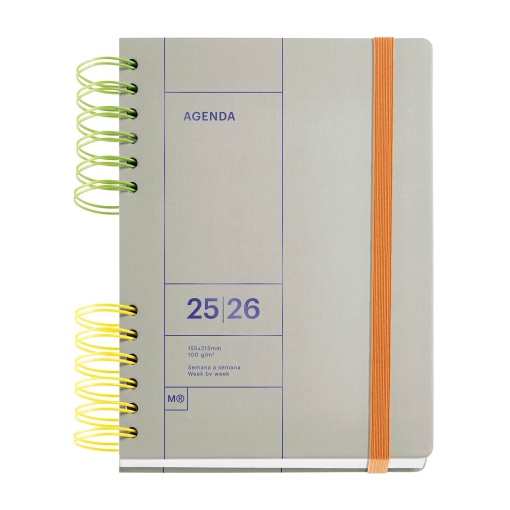Agenda escolar semanal A5 2025/26 12 meses espiral MIQUELRIUS Back to Basics Plus cinza