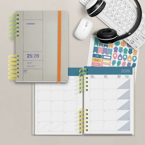 Agenda escolar semanal A5 2025/26 12 meses espiral MIQUELRIUS Back to Basics Plus cinza