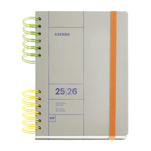 Agenda escolar diária A5 2025/26 12 meses espiral MIQUELRIUS Back to Basics Plus cinza