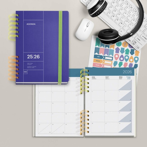 Agenda escolar semanal A5 2025/26 12 meses espiral MIQUELRIUS Back to Basics Plus azul