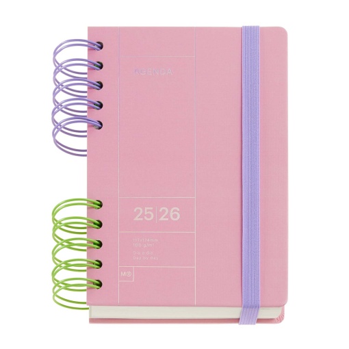 Agenda escolar diária 126x178mm 2025/26 12 meses espiral MIQUELRIUS Back to Basics Activa rosa