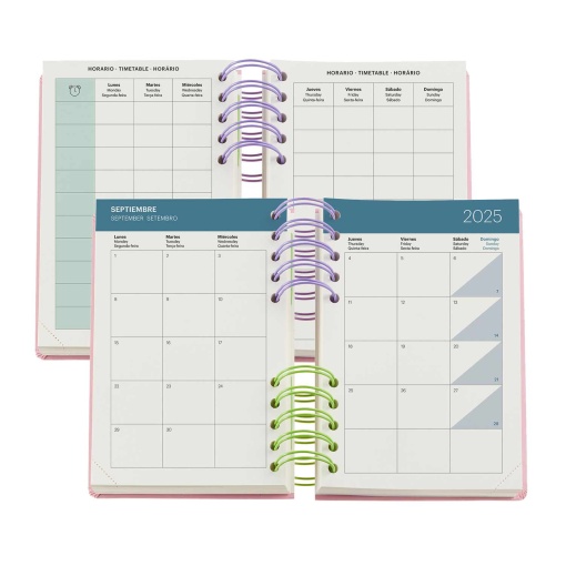 Agenda escolar diária 126x178mm 2025/26 12 meses espiral MIQUELRIUS Back to Basics Activa rosa